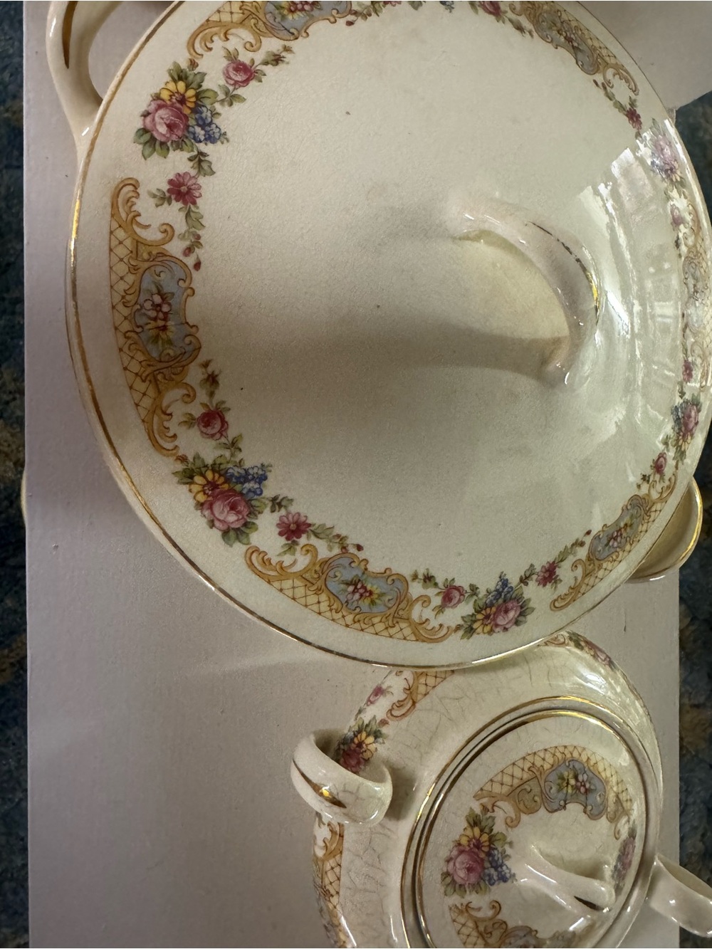 Floral Gold-Trim Covered Serving Dishes Set - Cream and Pink